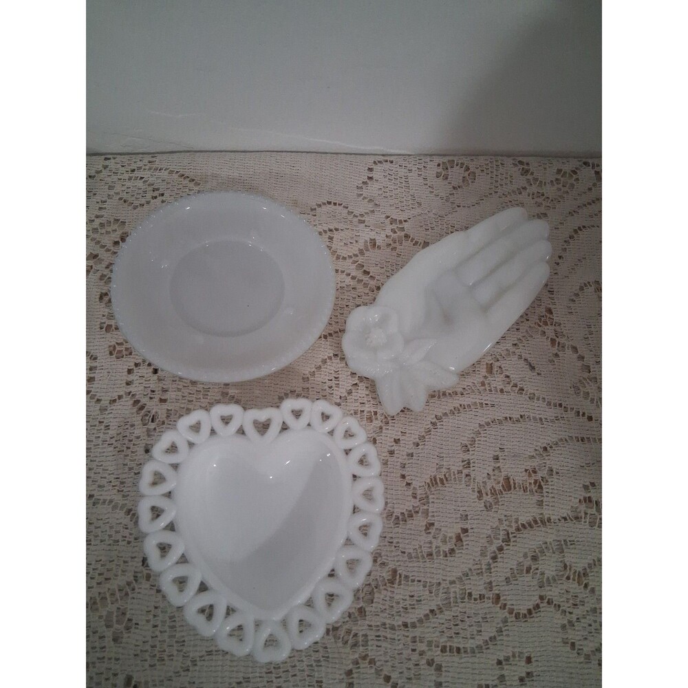 Vtg Lot (3) White Milk Glass Trinket Dish Lot Avon Hand Jewelery Knick Knacks